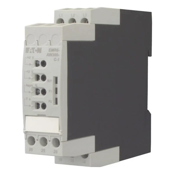 Releu monitorizare EATON EMR6 – Tip functie: Monitorizare secventa(ordinea) fazelor | Tip: Pasiv | Tensiune alimentare (Un): 160–300V AC | Tensiune monitorizata (Us): 160–300V AC | Tensiune (Us) Umin|Umax: Umin=160–230V | Umax=220–300V | Monitorizare rez. izolatie: NONE | Monitorizare frecventa: NONE | Monitorizare curent: NONE | Monitorizare temp. PT: NONE | Monitorizare temperatura NTC: NONE | Contacte auxiliare: 2 CO | Varianta constructiva: NONE - EMR6-AWM300-C-1