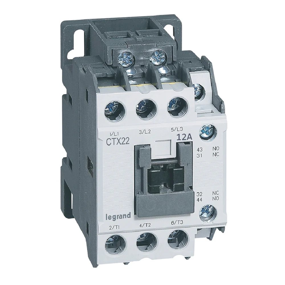 Contactor LEGRAND seria CTX³ – Serie: CTX³ 22 | Curent nominal (In): 12A | Compozitie contact auxiliar: 1xNO + 1xNC | Tensiune de izolatie (Ui): 690V AC | Conexiune electrica: borne cu surub - 416096