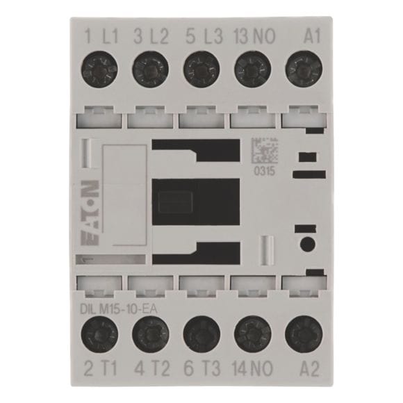 Contactor acționare motor Eaton Moeller DIL – Putere activa (kW): 7.5(kW) | Curent nominal (In): 15A | Compozitie contact auxiliar: 1xNO | Tensiune bobina: 230V AC 50Hz/240V AC 60Hz - DILM15-10-EA(230V50HZ/240V60HZ)-199249