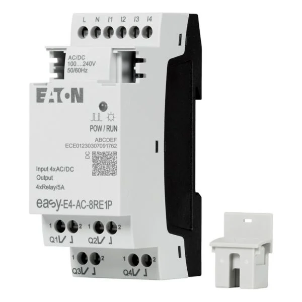 Modul extensie EATON easyE4 – Alimentare: 100 ..... 240V AC | Intrari digitale: 4xDI | Iesiri digitale: 4XDO(RELAY 8A) | Intrari analogice: NONE | Iesiri analogice: NONE | Terminale: cleme push-in - EASY-E4-AC-8RE1P