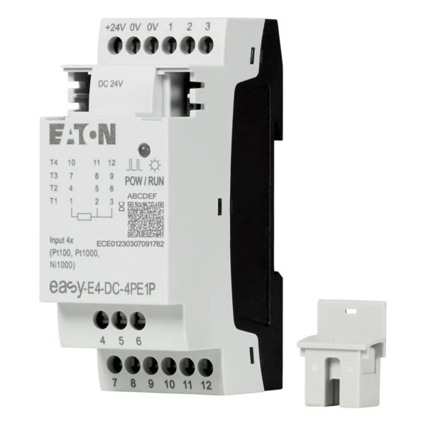 Modul extensie EATON easyE4 – Alimentare: 24V DC | Intrari digitale: 4xDI(temperatura) | Iesiri digitale: NONE | Intrari analogice: NONE | Iesiri analogice: NONE | Terminale: cleme push-in - EASY-E4-DC-4PE1P