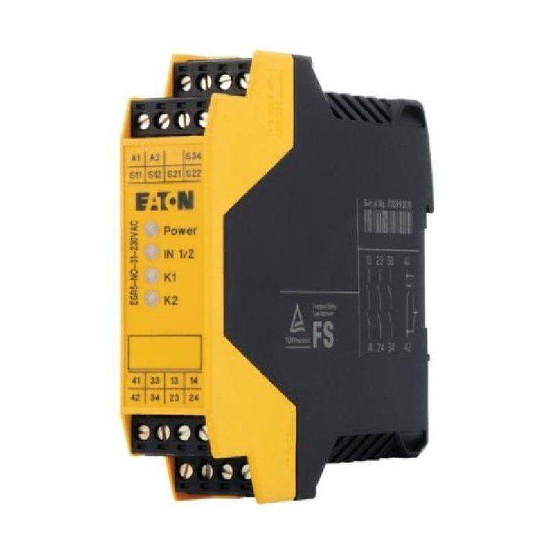 Releu de siguranta EATON ESR5 – Tip: releu de siguranta | Alimentare: 230V AC | Canale de intrare (IN): 3 (dry contact) | Contacte releu de iesire (OUT): 3 (NO) + 1 (semnalizare) - ESR5-NO-31-230VAC