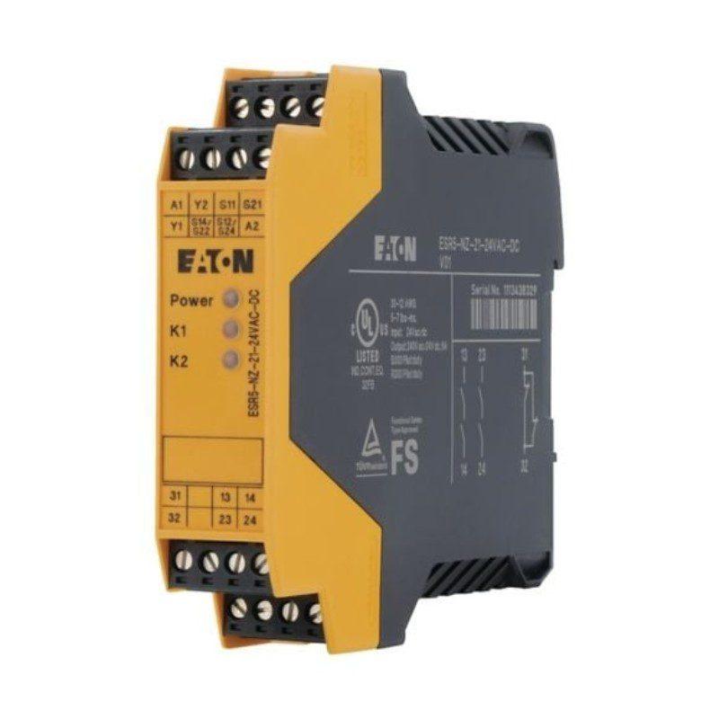 Releu de siguranta EATON ESR5 – Tip: releu de siguranta | Alimentare: 24V AC/DC | Canale de intrare (IN): 2 (dry contact) | Contacte releu de iesire (OUT): 3 (NO) + 1 (semnalizare) - ESR5-NZ-21-24VAC-DC