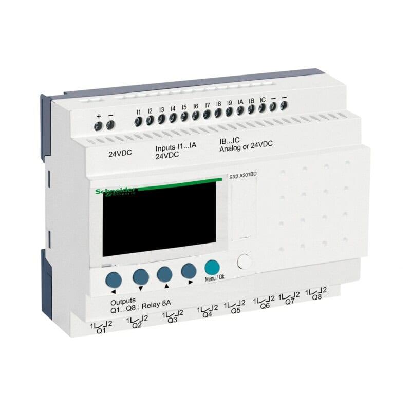 Releu programabil SCHNEIDER Zelio Logic SR2 / SR3 – Alimentare: 24V DC | Intrari digitale: I1 .... IA 24 DC | IB ..... IG Analog or 24V DC | Iesiri digitale: Q1 ..... Q8 Relay 8A | Display: DA | Ceas: NU - SR2A201BD