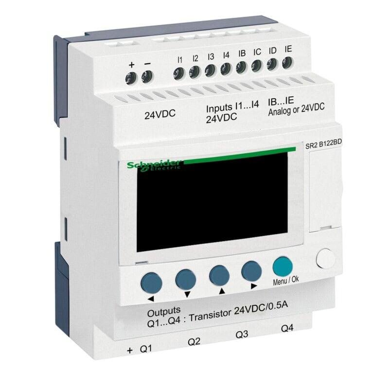 Releu programabil SCHNEIDER Zelio Logic SR2 / SR3 – Alimentare: 24V DC | Intrari digitale: I1 ...... I4 24V DC | IB ..... IE Analog or 24V DC | Iesiri digitale: Q1 ..... QA Tranzistor 24V DC/0.5A | Display: DA | Ceas: DA - SR2B122BD