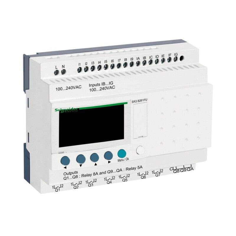 Releu programabil SCHNEIDER Zelio Logic SR2 / SR3 – Alimentare: 100 ..... 240V AC | Intrari digitale: IB ..... IG 100..... 240V AC | Iesiri digitale: Q1 ..... Q8 Relay 8A AND Q9 ..... QA Relay 5A | Display: DA | Ceas: DA - SR3B261FU