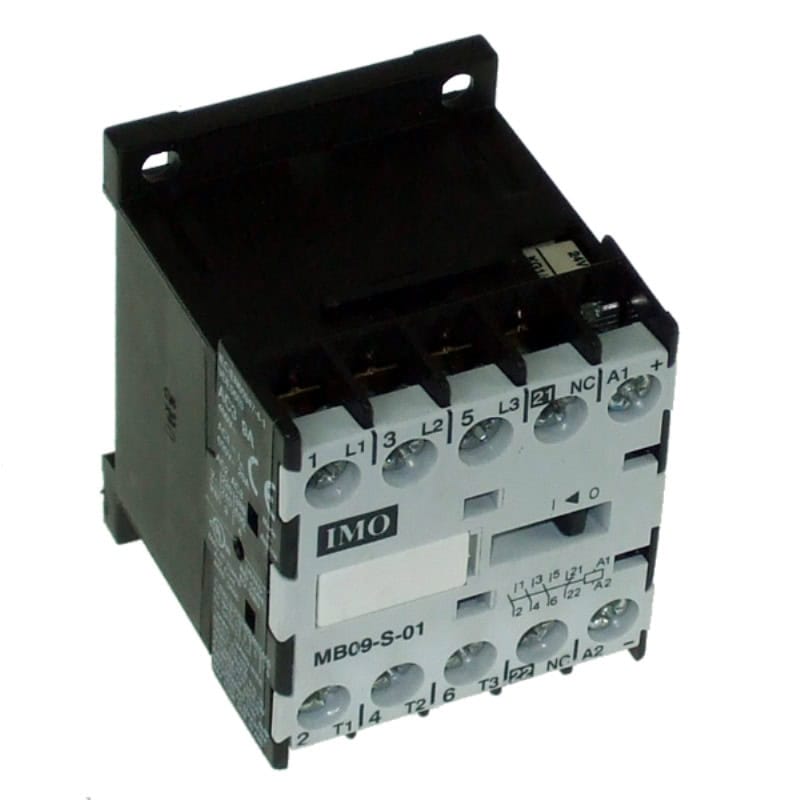 Mini contactor acționare motor IMO MB – Putere activa (kW): 4(kW) | Curent nominal (In): 9A | Compozitie contact pol: 3xNO | Compozitie contact auxiliar: 1xNC | Numar poli: 3P | Tensiune bobina: 24V DC - MB09-S-01=24