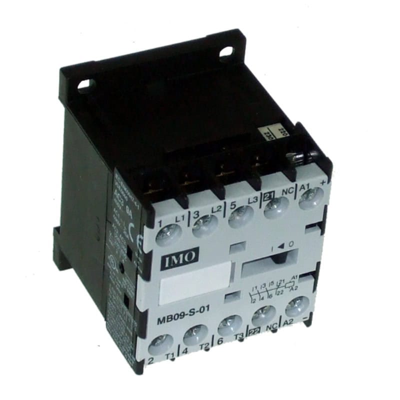 Mini contactor acționare motor IMO MB – Putere activa (kW): 4(kW) | Curent nominal (In): 9A | Compozitie contact pol: 3xNO | Compozitie contact auxiliar: 1xNC | Numar poli: 3P | Tensiune bobina: 230V AC - MB09-S-01230