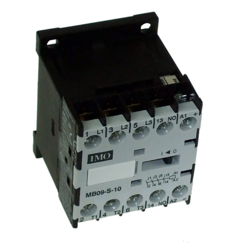 Mini contactor acționare motor IMO MB – Putere activa (kW): 4(kW) | Curent nominal (In): 9A | Compozitie contact pol: 3xNO | Compozitie contact auxiliar: 1xNO | Numar poli: 3P | Tensiune bobina: 24V AC/DC - MB09-S-1024