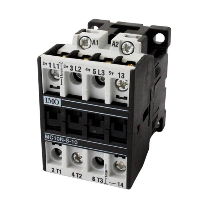 Contactor standard acționare motor IMO MC – Putere activa (kW): 4(kW) | Curent nominal (In): 10A | Compozitie contact pol: 3xNO | Compozitie contact auxiliar: 1xNO | Tensiune bobina: 24V AC - MC10N-S-1024AC